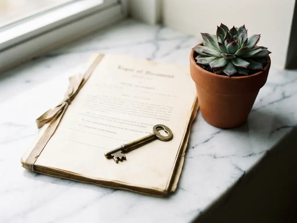 Weathered brass house key resting on a folded legal document beside a small potted plant on white marble, soft natural light.