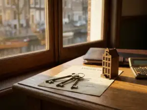 Brass keys on a signed property deed beside a canal house scale model, leather portfolio, and calculator on a polished oak desk in Amsterdam.
