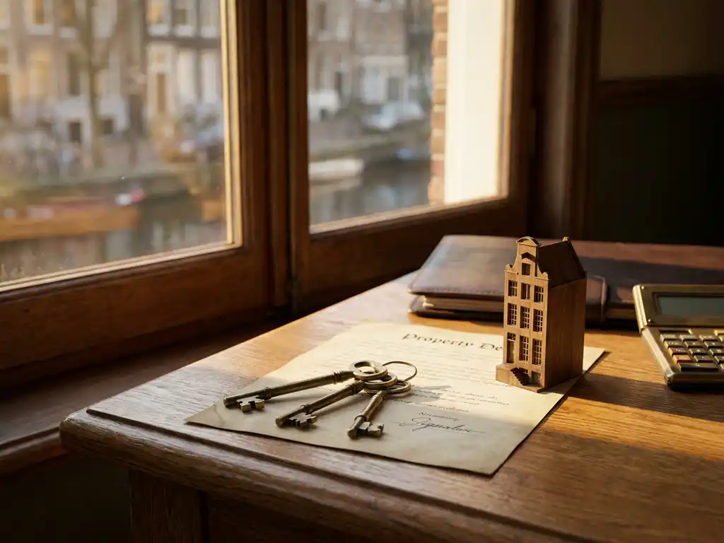 Brass keys on a signed property deed beside a canal house scale model, leather portfolio, and calculator on a polished oak desk in Amsterdam.
