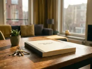 Completion report document on wooden desk beside house keys and potted plant, warm afternoon light, Amsterdam apartment background.