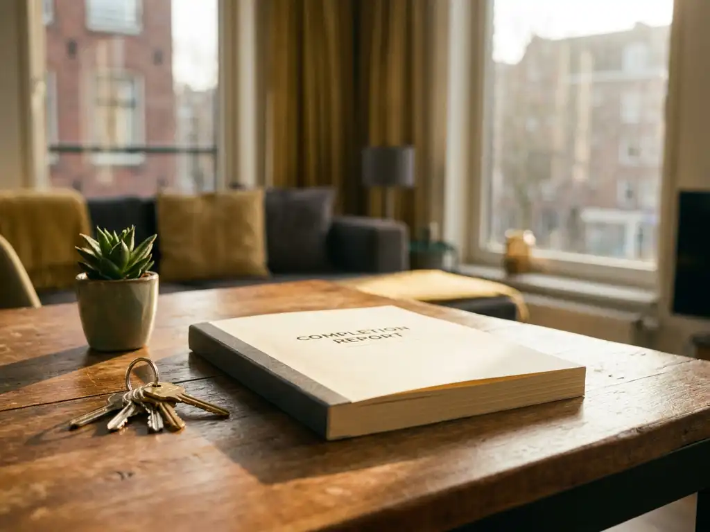 Completion report document on wooden desk beside house keys and potted plant, warm afternoon light, Amsterdam apartment background.