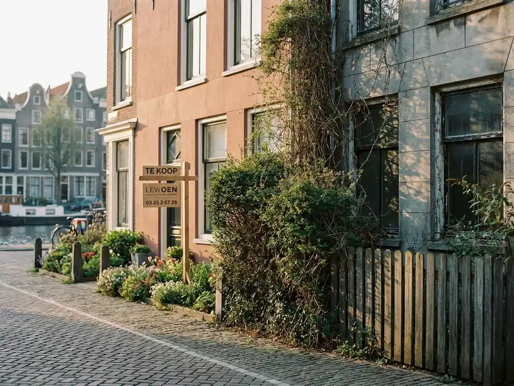 For Sale sign in front of a well-maintained Dutch canal house beside a neglected neighbor property with overgrown hedges, warm afternoon light.