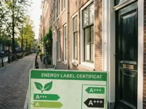 Green energy label certificate leaning against the front door of a Dutch canal house with warm sunlight on brick facade.