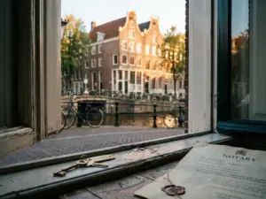 House keys and notary document on a wooden windowsill, with a Dutch canal house and amber-lit canal water reflected softly behind.