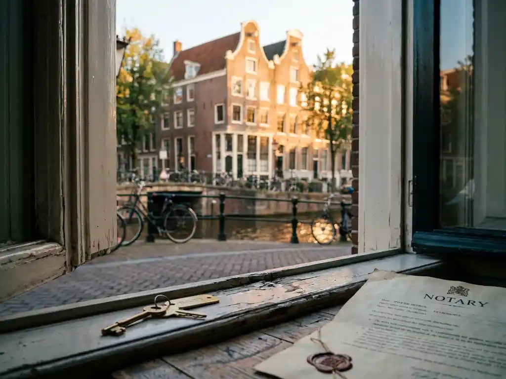 House keys and notary document on a wooden windowsill, with a Dutch canal house and amber-lit canal water reflected softly behind.