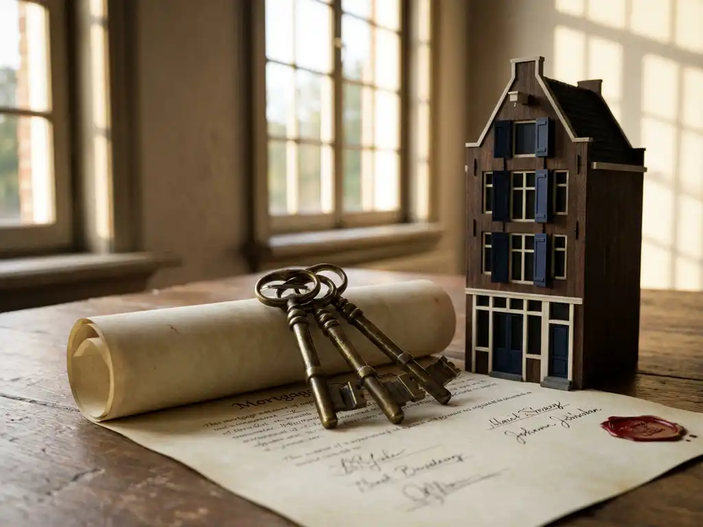Brass keys resting on a signed mortgage document beside a miniature Dutch canal house model in warm Amsterdam afternoon light.
