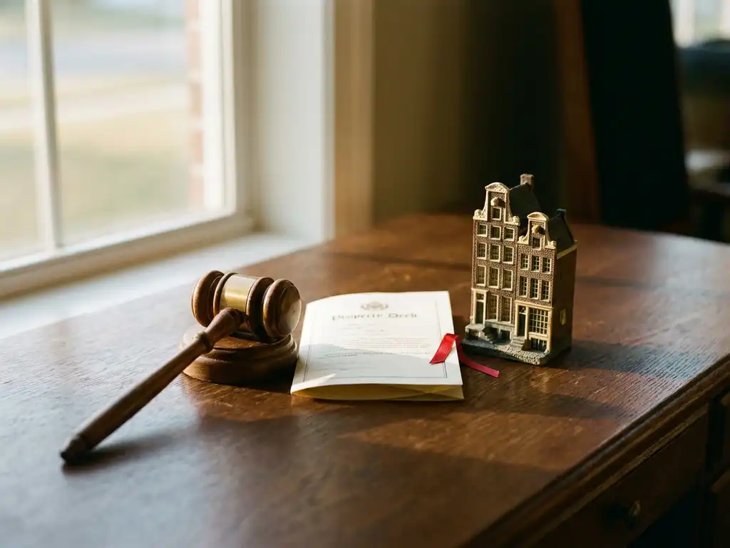 Weathered wooden gavel beside a property document and Dutch canal house scale model on a polished oak desk.
