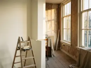 Half-renovated Dutch canal house with fresh white walls beside peeling wallpaper, paint roller on ladder, warm Amsterdam afternoon light.