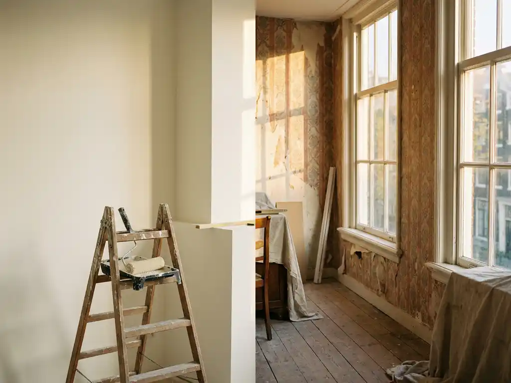 Half-renovated Dutch canal house with fresh white walls beside peeling wallpaper, paint roller on ladder, warm Amsterdam afternoon light.