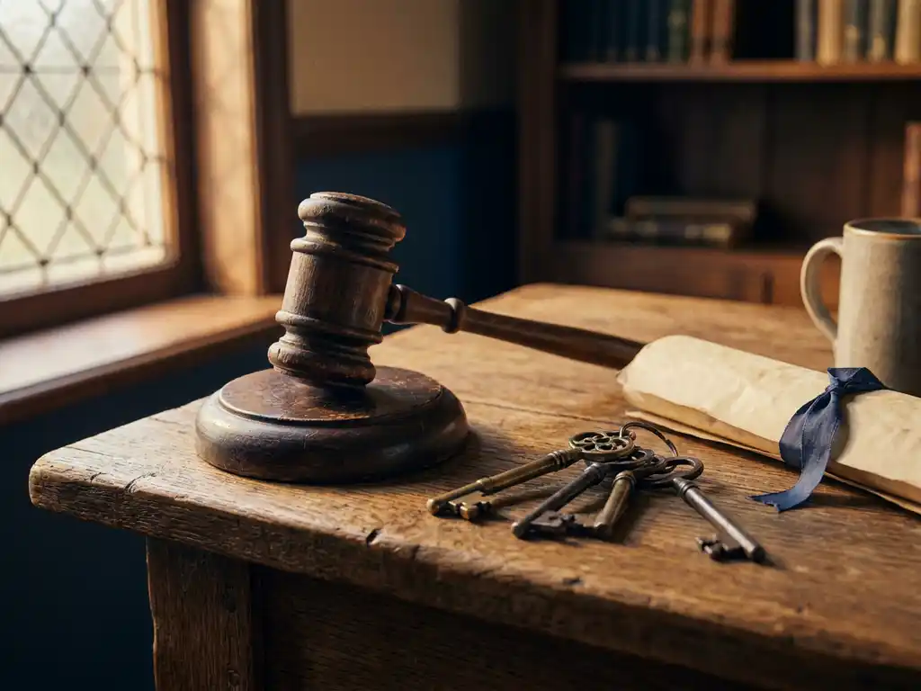 Wooden auctioneer's gavel beside Dutch house keys and folded property document on weathered oak surface.