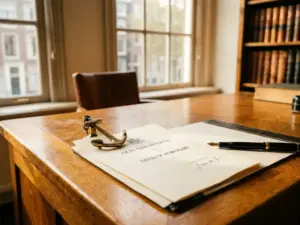 Fountain pen resting beside a partially signed Dutch property purchase contract on an oak notary desk, Amsterdam canal-house light.