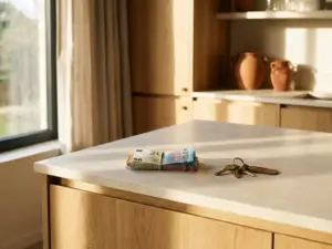 Euro banknotes stacked beside house keys on a Dutch kitchen counter, warm afternoon light, suggesting home purchase or mortgage savings.