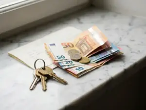 Euro banknotes, coins, and house keys on white marble beside a partially visible contract document.