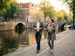 Real estate agent and expat client walking along a sunlit Amsterdam canal street with historic brick facades and arched bridges.
