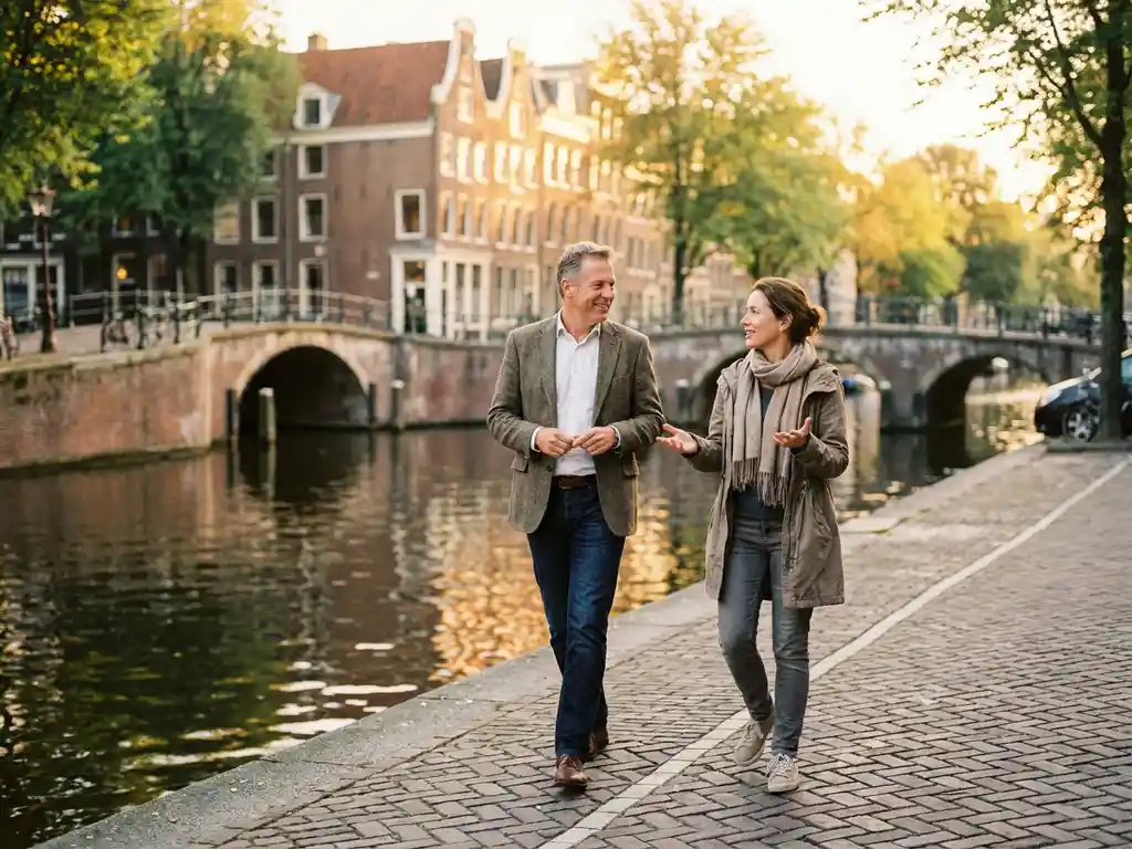 Real estate agent and expat client walking along a sunlit Amsterdam canal street with historic brick facades and arched bridges.