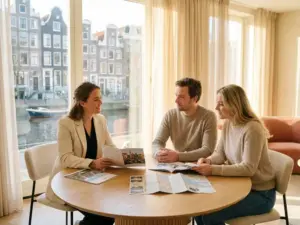 Real estate agent meeting with expat couple over Amsterdam property brochures and city map, canal-view apartment in background.