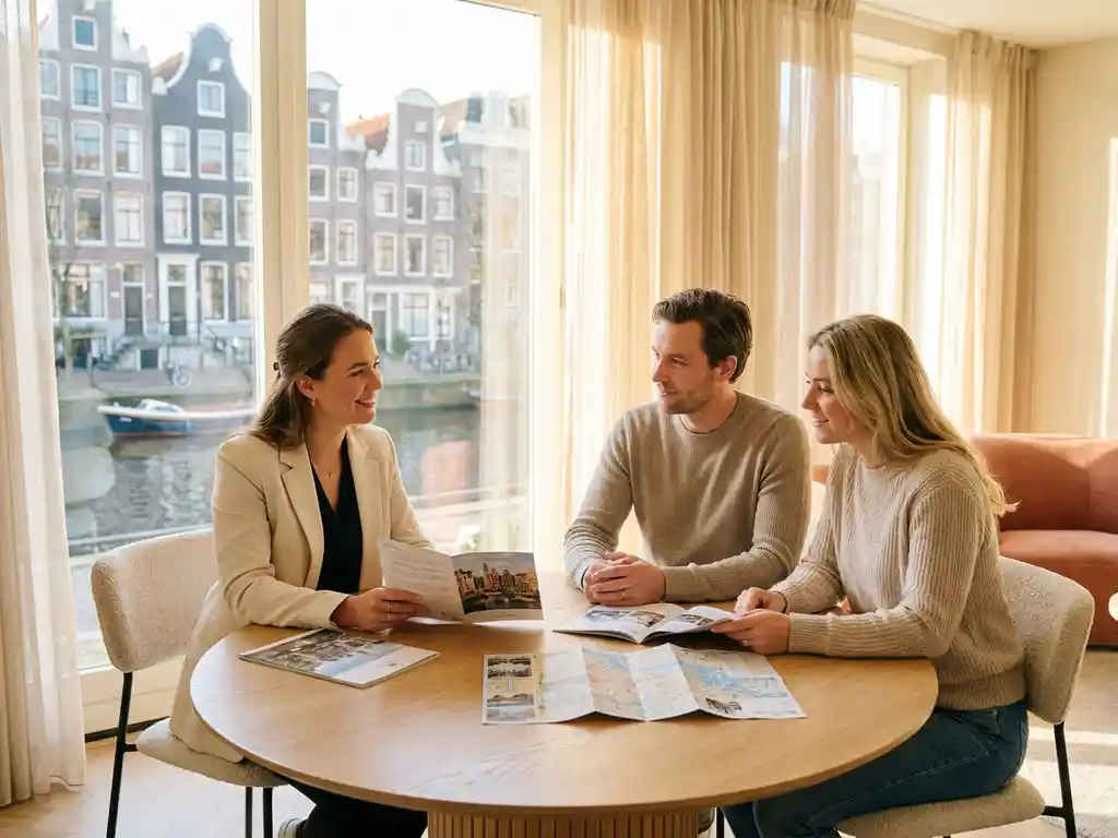 Real estate agent meeting with expat couple over Amsterdam property brochures and city map, canal-view apartment in background.