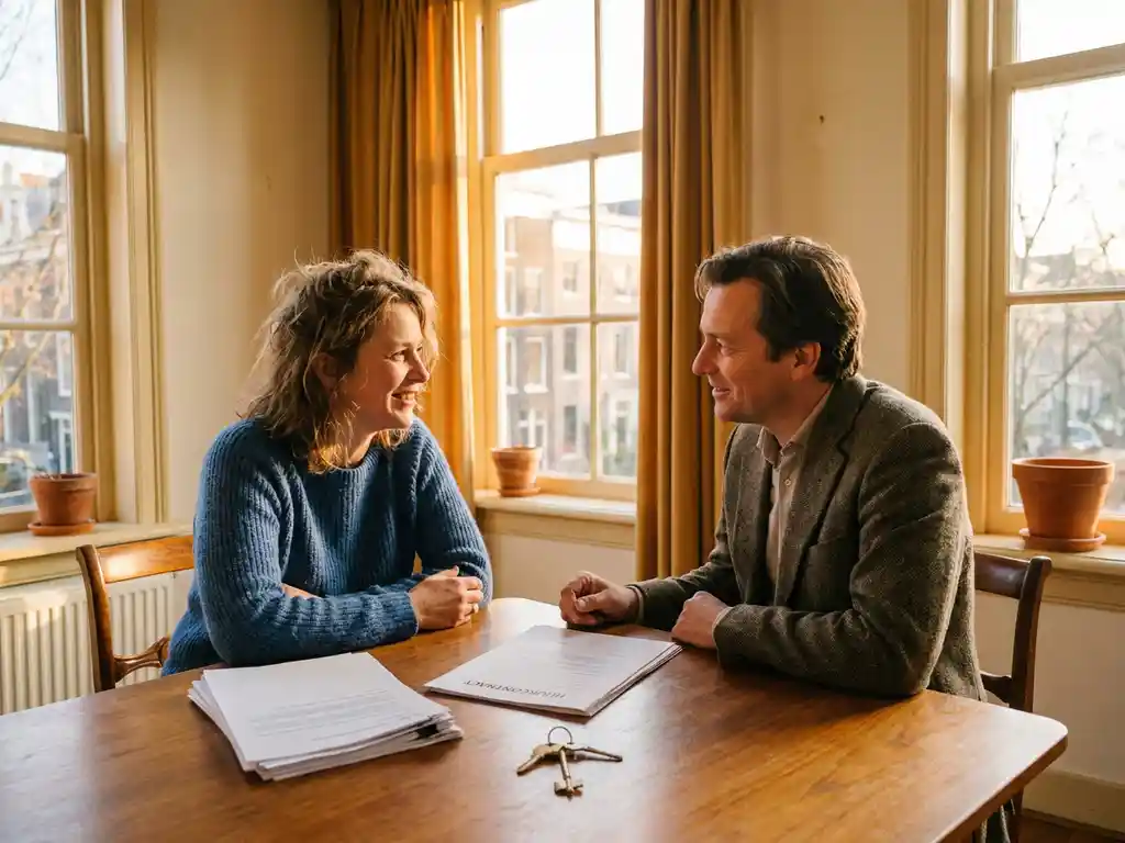 Expat client and real estate agent discussing rental contract with house keys on table in sunlit Amsterdam canal-house interior.