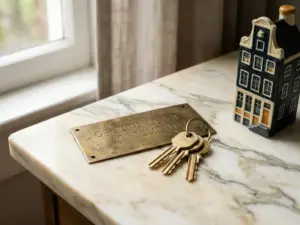 Weathered brass ground lease document beneath polished house keys on marble, with a miniature Amsterdam canal house model in warm golden light.