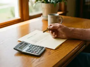 Homeowner holding a brass house key above a wooden table with a folded property deed and calculator in warm afternoon light.