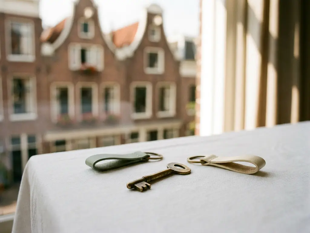 House key on white surface beside two separate keyrings, soft Amsterdam canal-house architecture blurred in background.