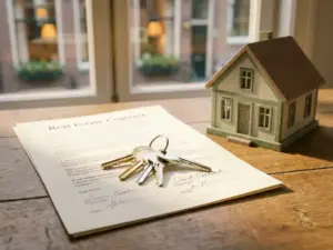 Polished house keys on a signed contract beside a miniature home model on a wooden desk, Amsterdam canal interior softly blurred in background.