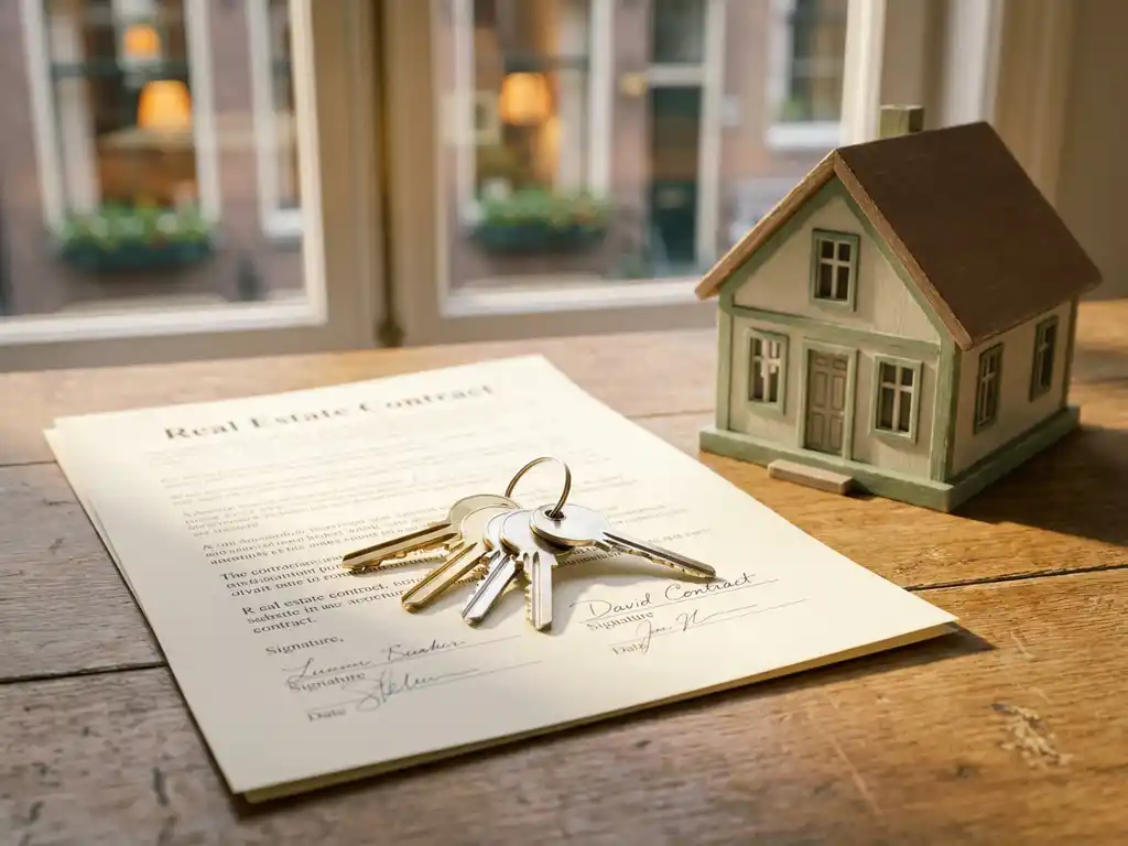 Polished house keys on a signed contract beside a miniature home model on a wooden desk, Amsterdam canal interior softly blurred in background.