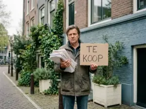 Homeowner holding unsigned paperwork outside a Dutch canal house with a handwritten Te Koop for sale sign and overgrown garden in Amsterdam.