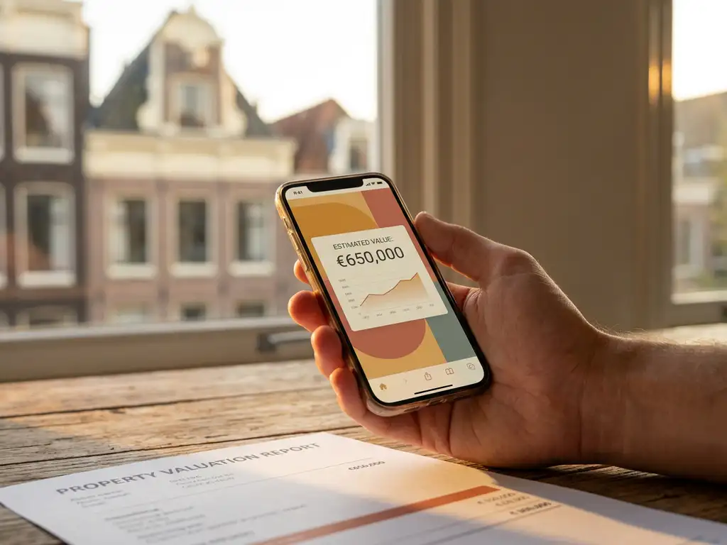 Hand holding a smartphone with a house price estimate, Dutch canal house blurred in background, property valuation document on wooden surface nearby.