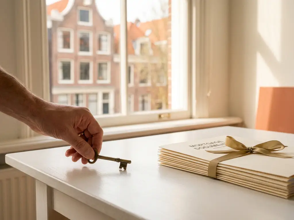 Brass house key placed on a notary desk beside a mortgage document folder, Amsterdam canal house visible through a sunlit window.