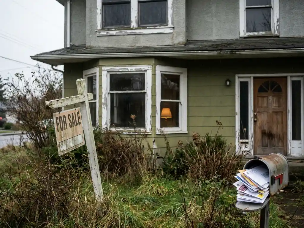 Neglected house exterior with tilted "For Sale" sign in overgrown garden, peeling window frames, and unopened mail piled near the door.