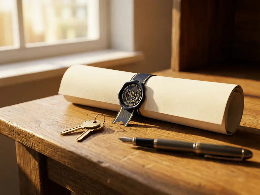 Notarized document with official wax seal on oak desk beside house keys and pen, warm afternoon light, shallow depth of field.