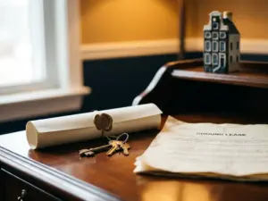 Notary deed and house keys on a wooden desk beside a ground lease document, with a miniature Amsterdam canal house in the background.