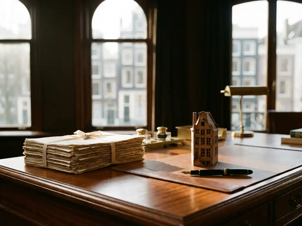 Notary's mahogany desk with a house sale contract, miniature model home, and fountain pen in warm Amsterdam canal-house light.