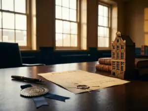Notary's wooden desk with a property deed, fountain pen, legal seal, and Dutch canal house architectural model in warm afternoon light.