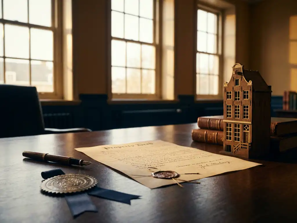 Notary's wooden desk with a property deed, fountain pen, legal seal, and Dutch canal house architectural model in warm afternoon light.