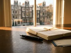 Notary pen resting beside signed property documents and a deposit check on an oak desk, Amsterdam canal house visible through a sunlit window.
