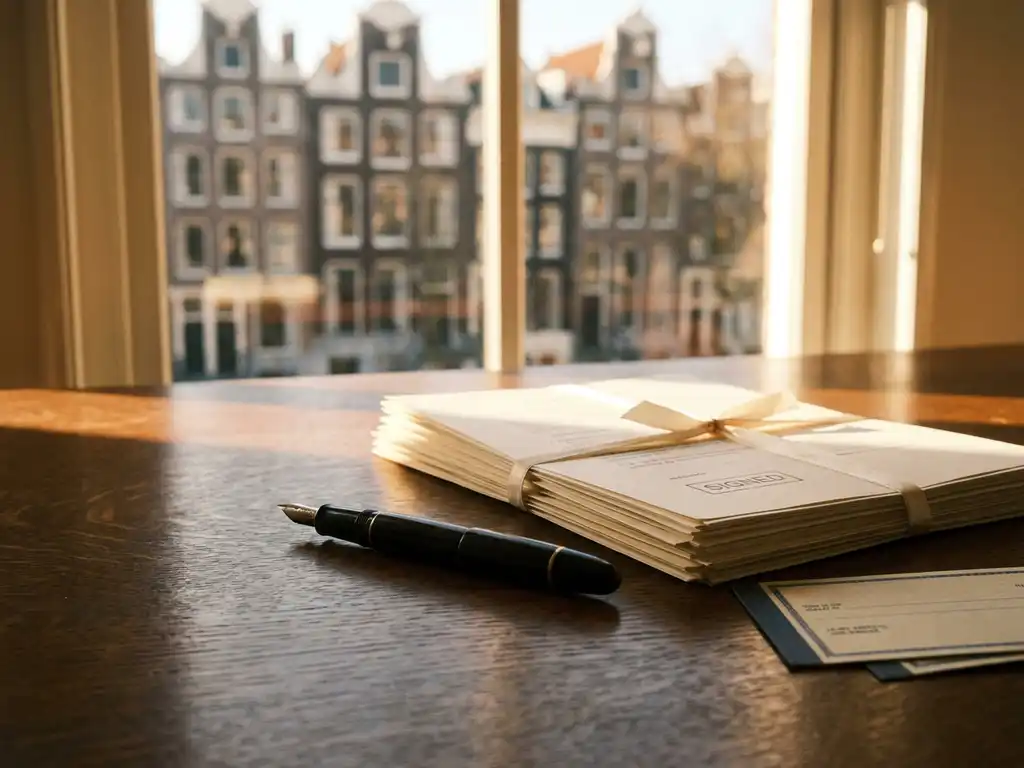 Notary pen resting beside signed property documents and a deposit check on an oak desk, Amsterdam canal house visible through a sunlit window.