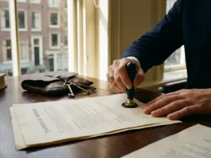 Notary pressing a wax seal onto a property transfer document beside house keys on a wooden desk, warm Amsterdam canal light filtering through tall windows.