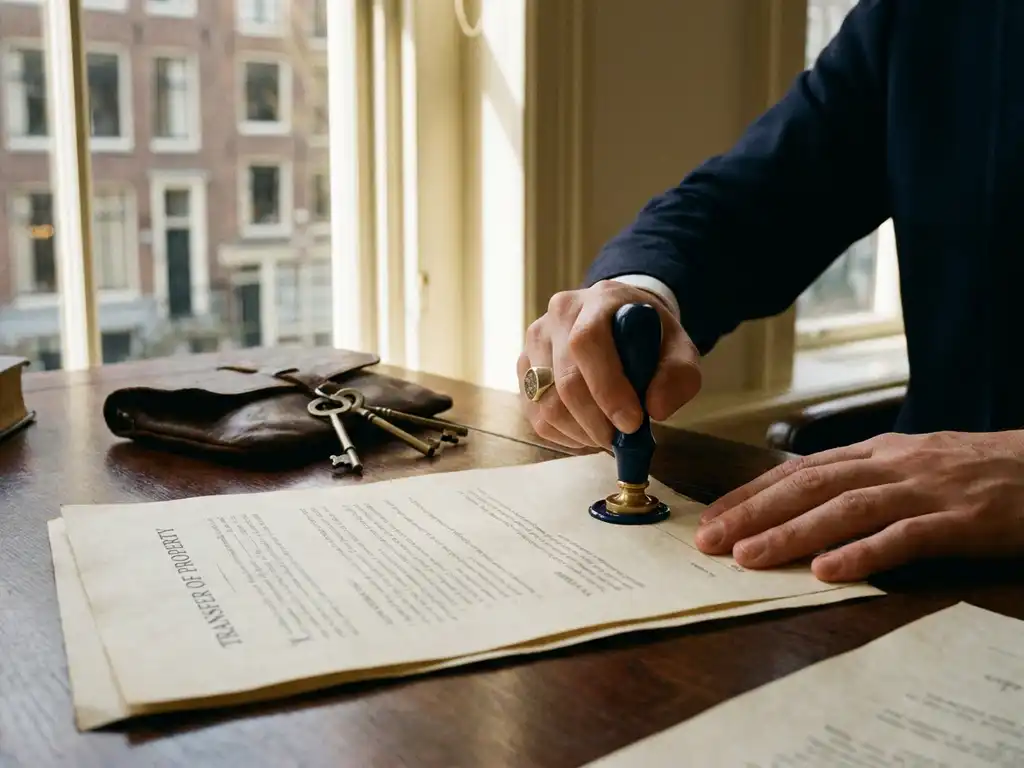Notary pressing a wax seal onto a property transfer document beside house keys on a wooden desk, warm Amsterdam canal light filtering through tall windows.