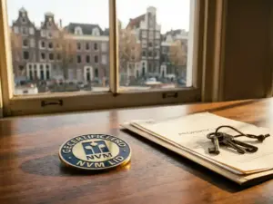 NVM membership badge on a walnut desk beside a property listing folder and house keys, Amsterdam canal houses visible through a sunlit window.