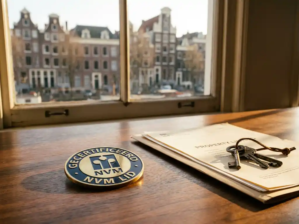 NVM membership badge on a walnut desk beside a property listing folder and house keys, Amsterdam canal houses visible through a sunlit window.