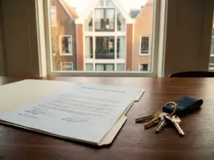 Signed preliminary purchase agreement on a wooden table with house keys, Amsterdam canal house visible through a sunlit window.