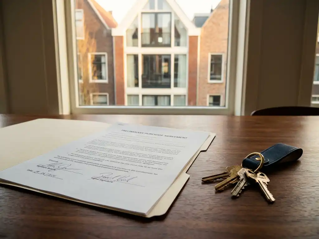 Signed preliminary purchase agreement on a wooden table with house keys, Amsterdam canal house visible through a sunlit window.