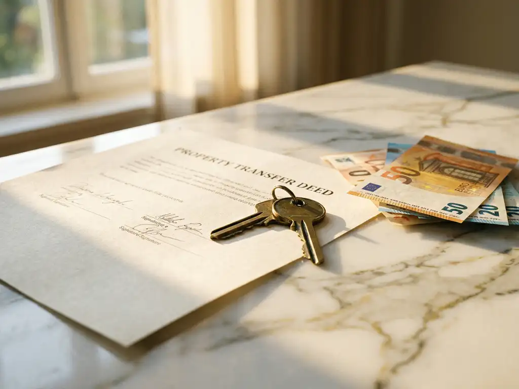House key and euro banknotes resting on a signed property transfer document, bathed in warm afternoon sunlight on a white marble desk.