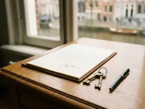 Signed purchase agreement on oak desk beside house keys and pen, warm Amsterdam canal light, evoking trust in home buying process.