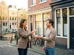 Real estate agent handing house keys to a smiling new homeowner outside an Amsterdam canal house in warm afternoon sunlight.