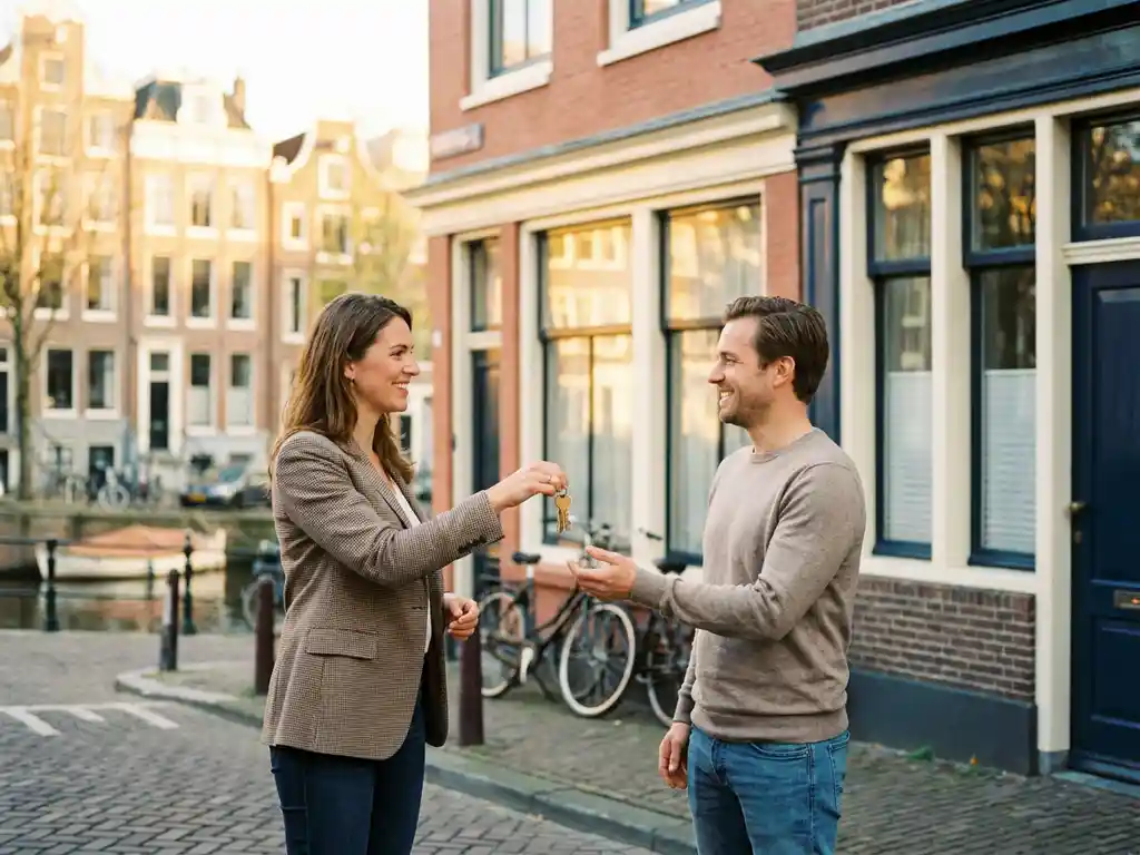 Real estate agent handing house keys to a smiling new homeowner outside an Amsterdam canal house in warm afternoon sunlight.