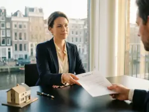 Real estate agent sliding a signed contract across a modern desk with a model house nearby, Amsterdam canal architecture visible through the window.