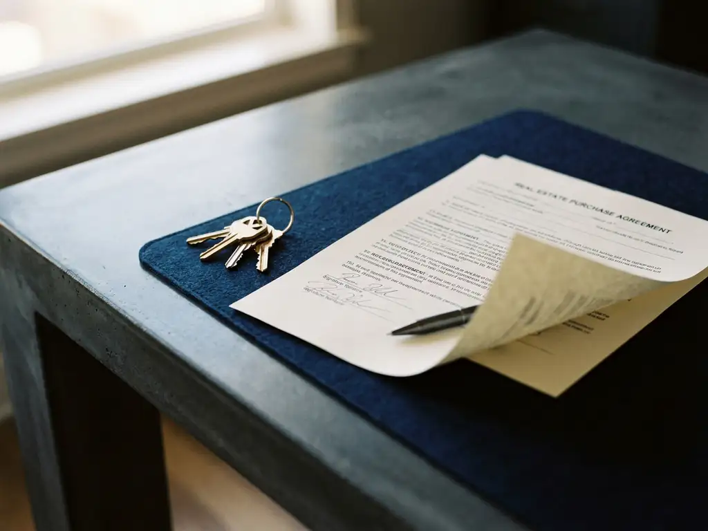 Signed real estate purchase contract with one corner lifted on a modern desk, house keys and abandoned pen beside it.